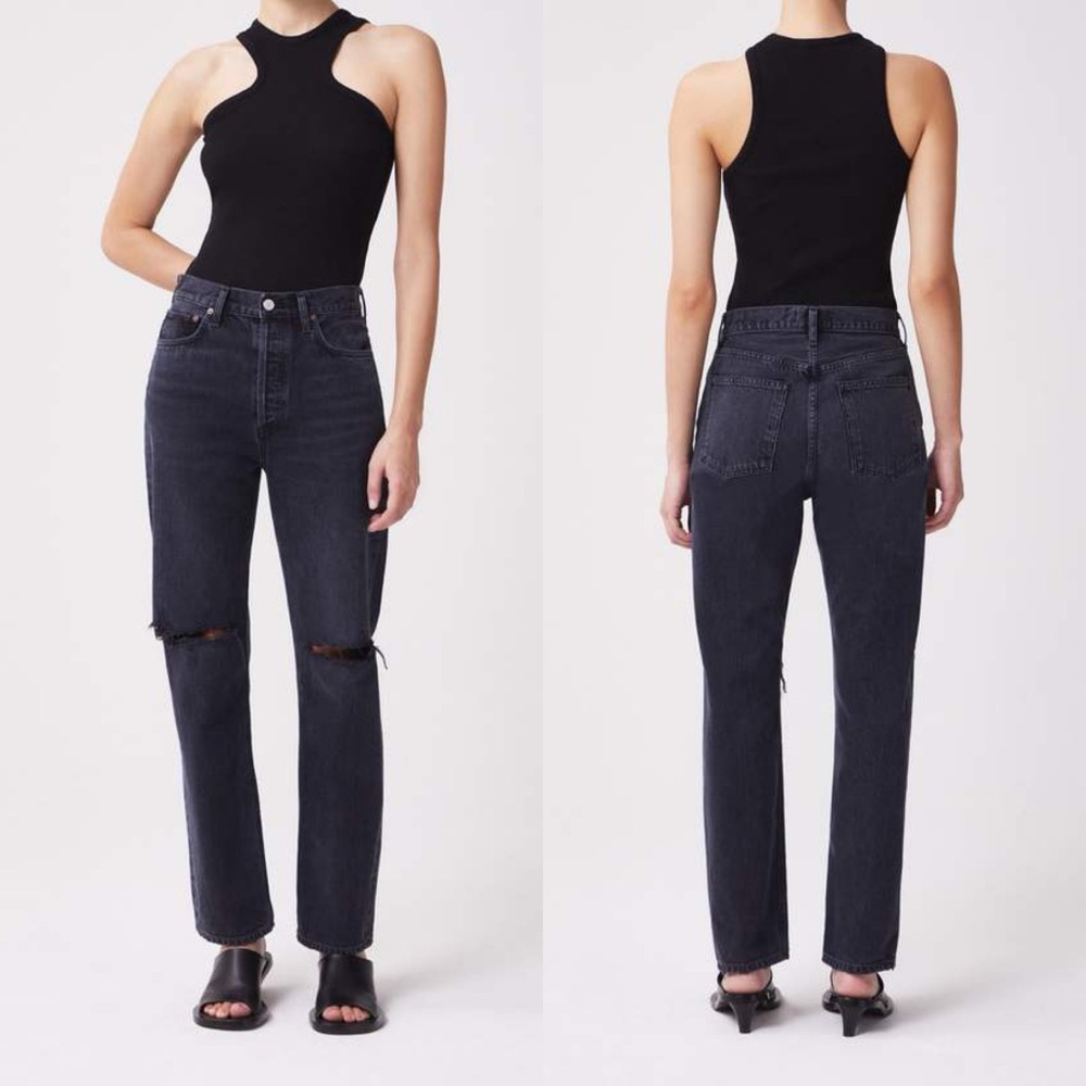 Agolde Jeans Womens 25 Washed Black Button Fly 90s Jean Straight Leg Distressed
